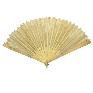 ANTIQUE Women Lace Folding Fan Sequins Embroidered Tulle Wooden Frame Repairable